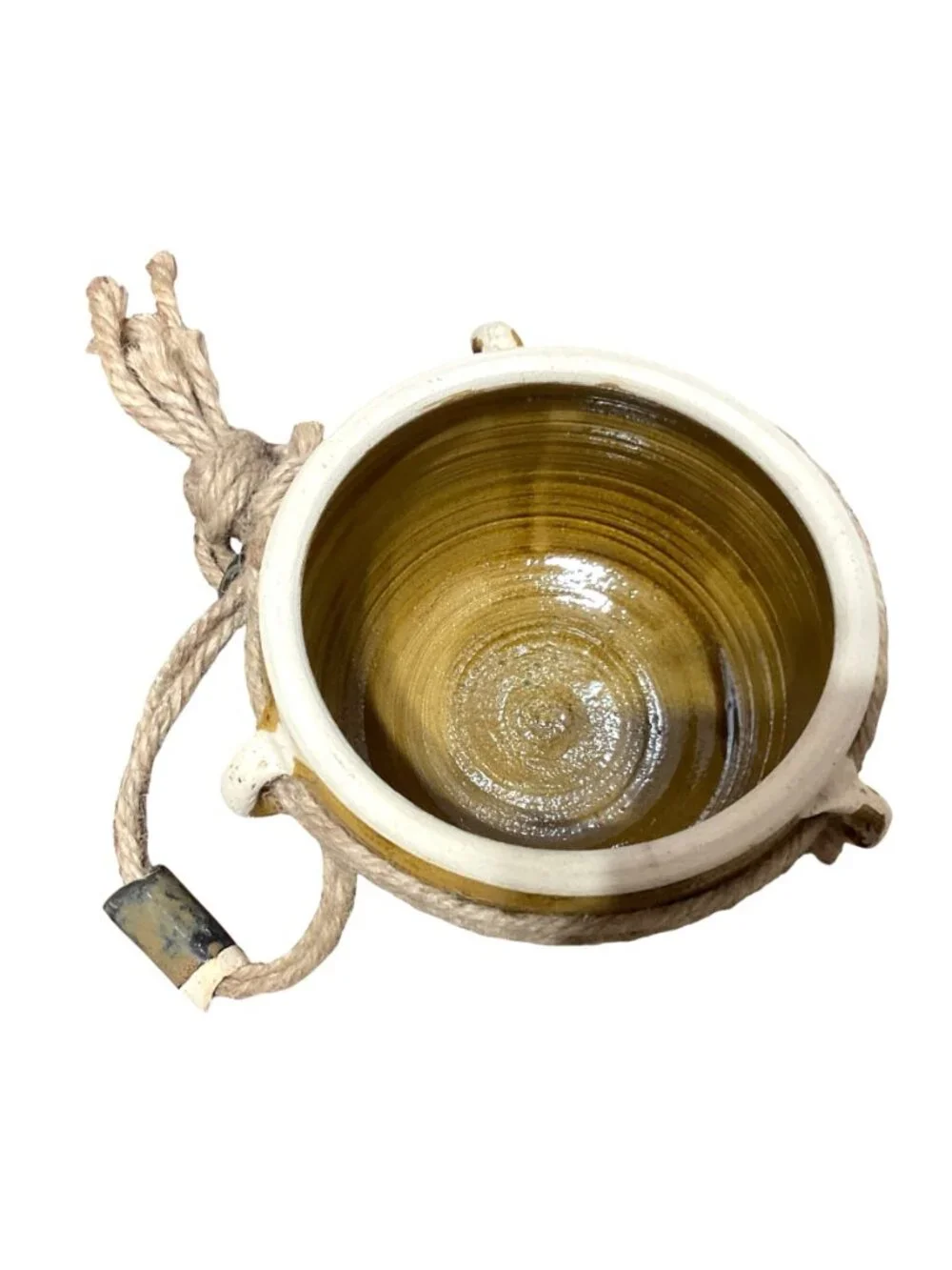 Studio Pottery Ceramic Hanging Planter Rope Accents For Indoor/Outdoor Plants